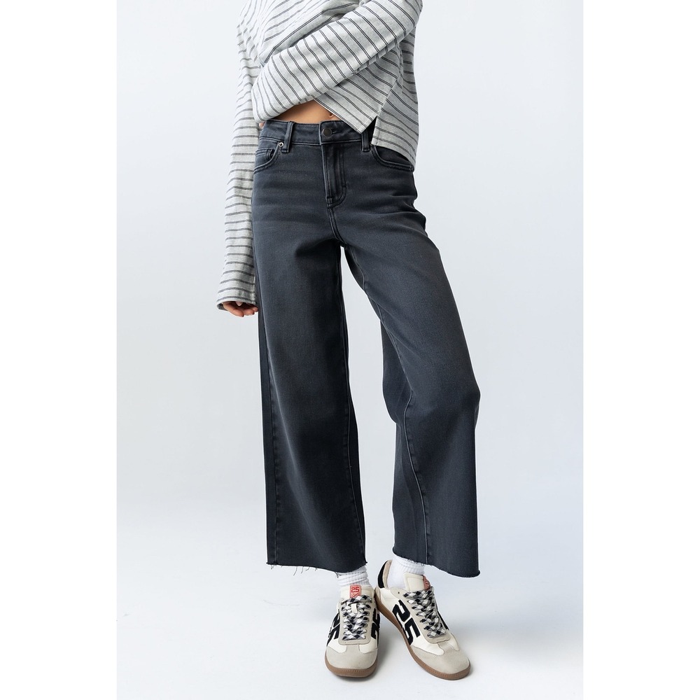 Böhme Womens Wide Leg Jeans Washed Black High Rise Raw Hem Size 26